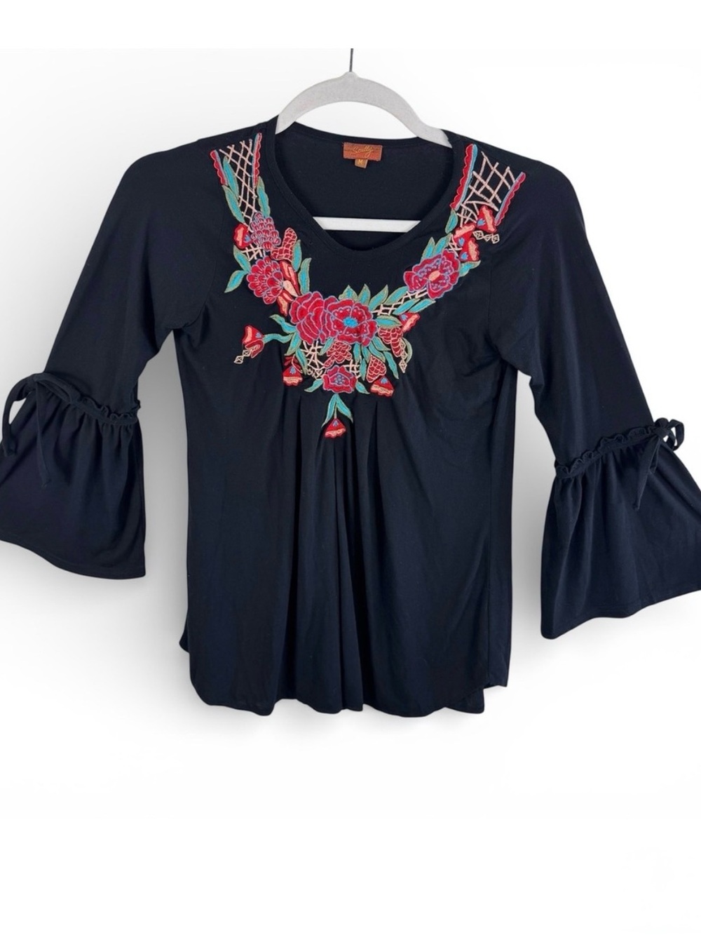 Scully Womens Black Floral Embroidered Bell Sleeve Boho Western Blouse Medium